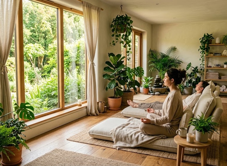 Spațiu liniștit de wellness cu lumină naturală și plante verzi