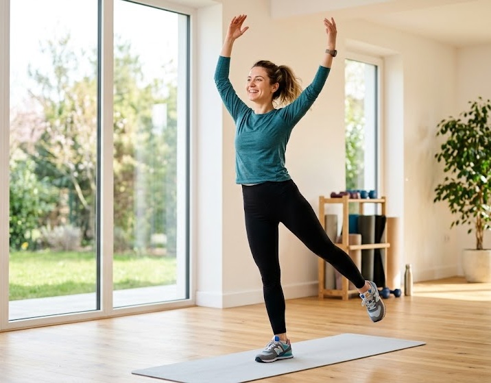 Persoană zâmbitoare făcând exerciții ușoare de mișcare într-un spațiu luminos